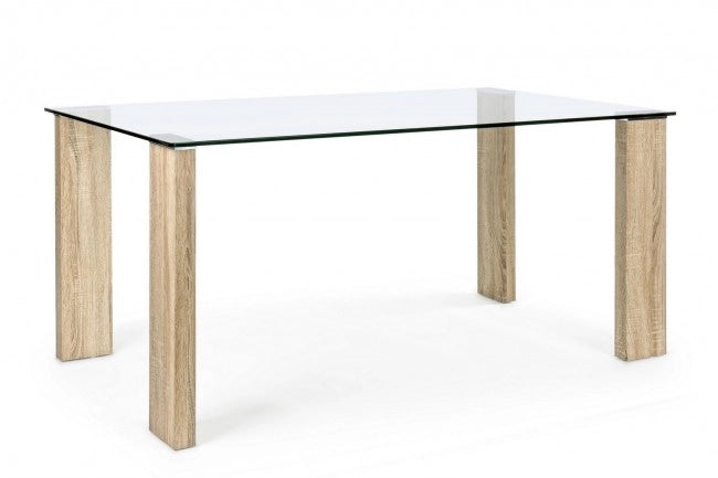 Tavolo da Pranzo Piano in Vetro Temperato con Gambe Effetto Legno - FELIX