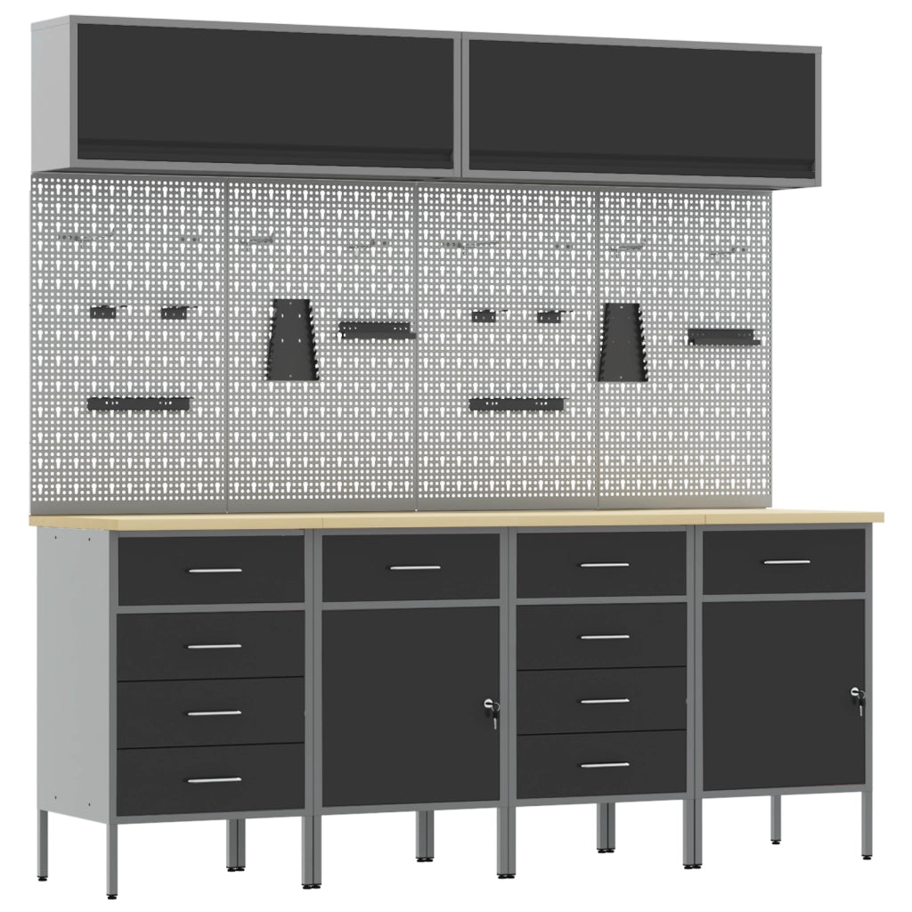 Set di Armadietto da Lavoro e Pannello Forato da 10 Pezzi  in MDF e Metallo Nero
