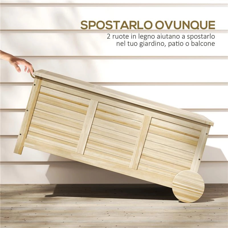 BAULE DA ESTERNO 185 L 2 RUOTE CON TELO INTERNO E COPERCHIO IN LEGNO DI ABETE 110X50X50 CM COLOR LEGNO