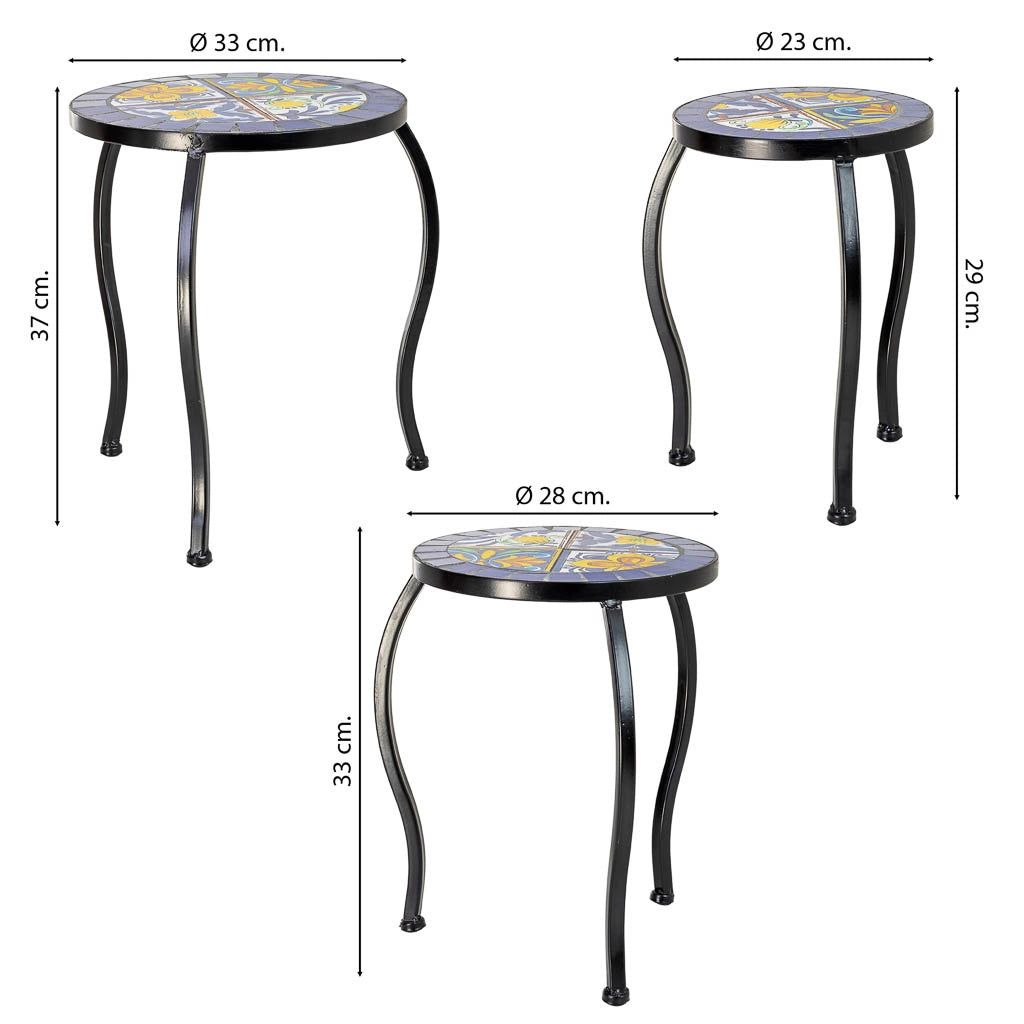 Set di 3 supporti, mosaico Blu e ferro battuto, 33x33x37h-28x28x33h-23