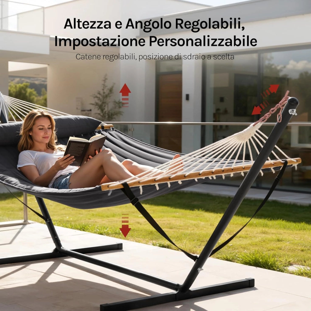 Amaca da Giardino con Supporto, Tasca Laterale e Cuscino, Capacità di Carico 250 kg, Ampia Amaca Doppia per Terrazza, Balcone, Campeggio, Antracite