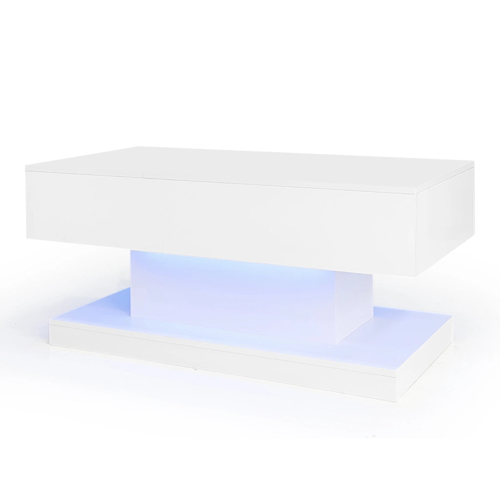 Tavolino da caffè con piano alzabile e vano contenitore; LED - per soggiorno - in truciolare - 100×50×45 cm - bianco