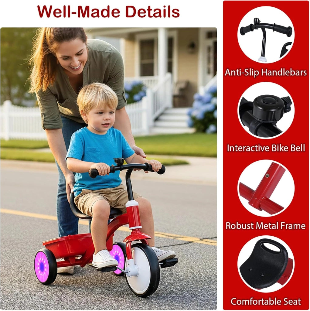 Triciclo Bambini 3-5 Anni, Triciclo Evolutivo con Ruote Luminose, Sedile Regolabile in 4 Posizioni, Pedali Rimovibili, Vano Portaoggetti Posteriore, Carico 25 KG, Regalo Bambino 3-5 Anni