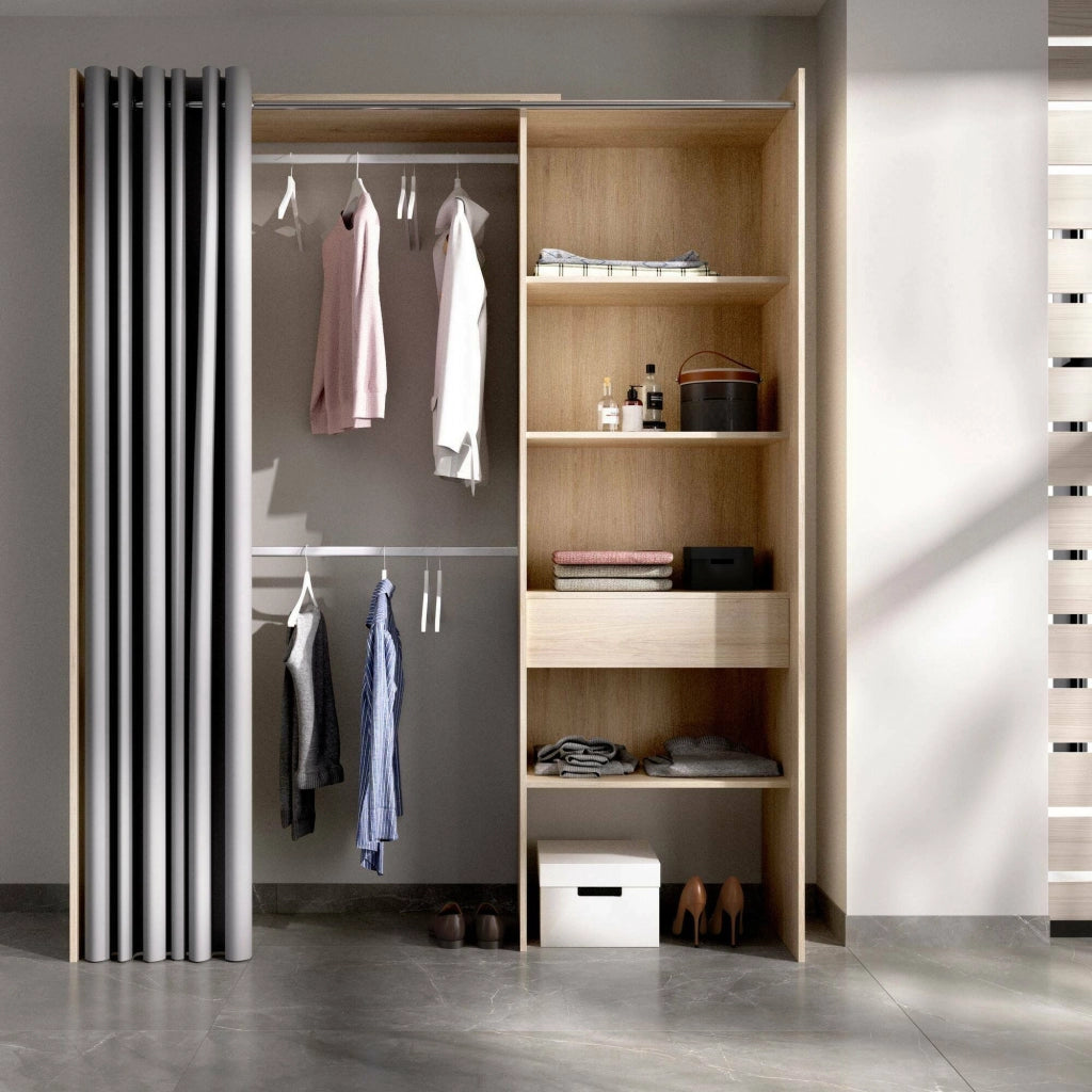 Guardaroba Arim, Struttura per cabina armadio con tenda, Mobile appendiabiti aperto, 160x50h203 cm, Rovere