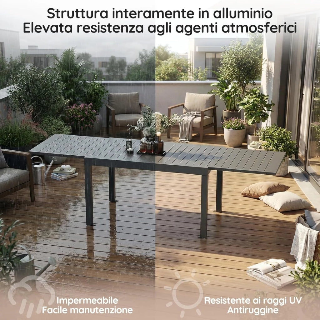 Tavolo da giardino, allungabile, 80/160 X 80 X 75 Cm, piccolo tavolo allungabile, alluminio, per balcone, resistente alle intemperie, allungabile, tavolo da pranzo per esterni, Grigio scuro