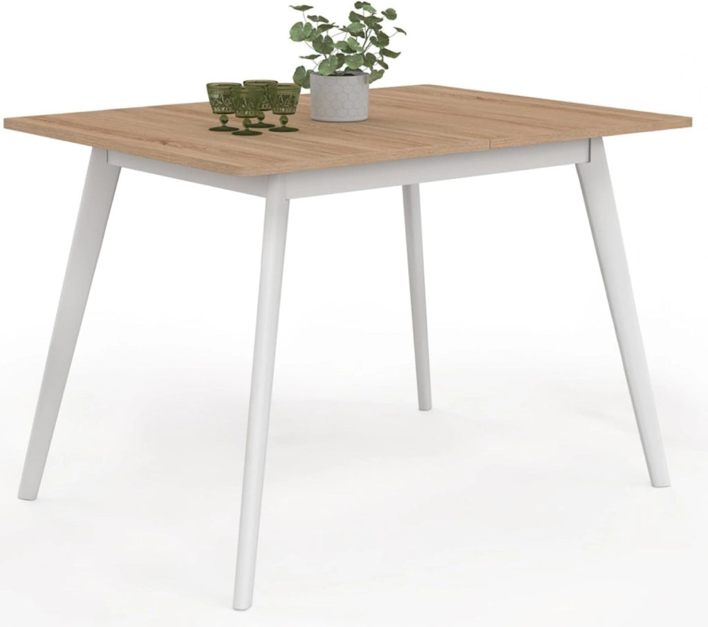 Tavolo rettangolare allungabile scandinavo INGA, 4-8 persone, piano in legno, gambe bianche 110-150 cm