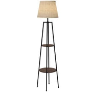 Lampada da Terra a 2 Ripiani in Metallo e MDF con Paralume in Tessuto, Ø42x166 cm, Nero e Marrone