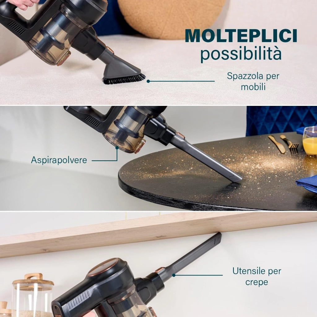 Princess 01.339390.01.001 scopa elettrica Aspirapolvere a bastone Batteria Secco HEPA Senza sacchetto 0,6 L 220 W Nero, Marrone