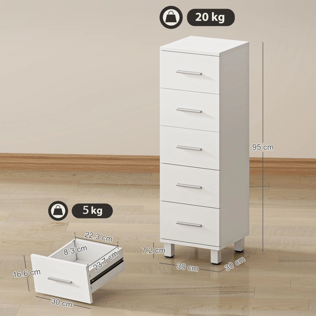 Cassettiera a 5 Cassetti 30x30x95 cm Piedini Regolabili in Legno FSC Bianco