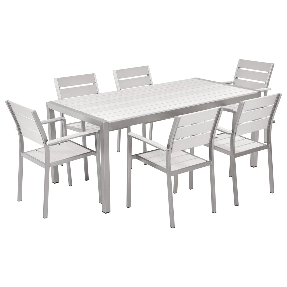 Set da Giardino 6 Sedie Tavolo Rettangolare Bianco in Legno e Alluminio Anodizzato