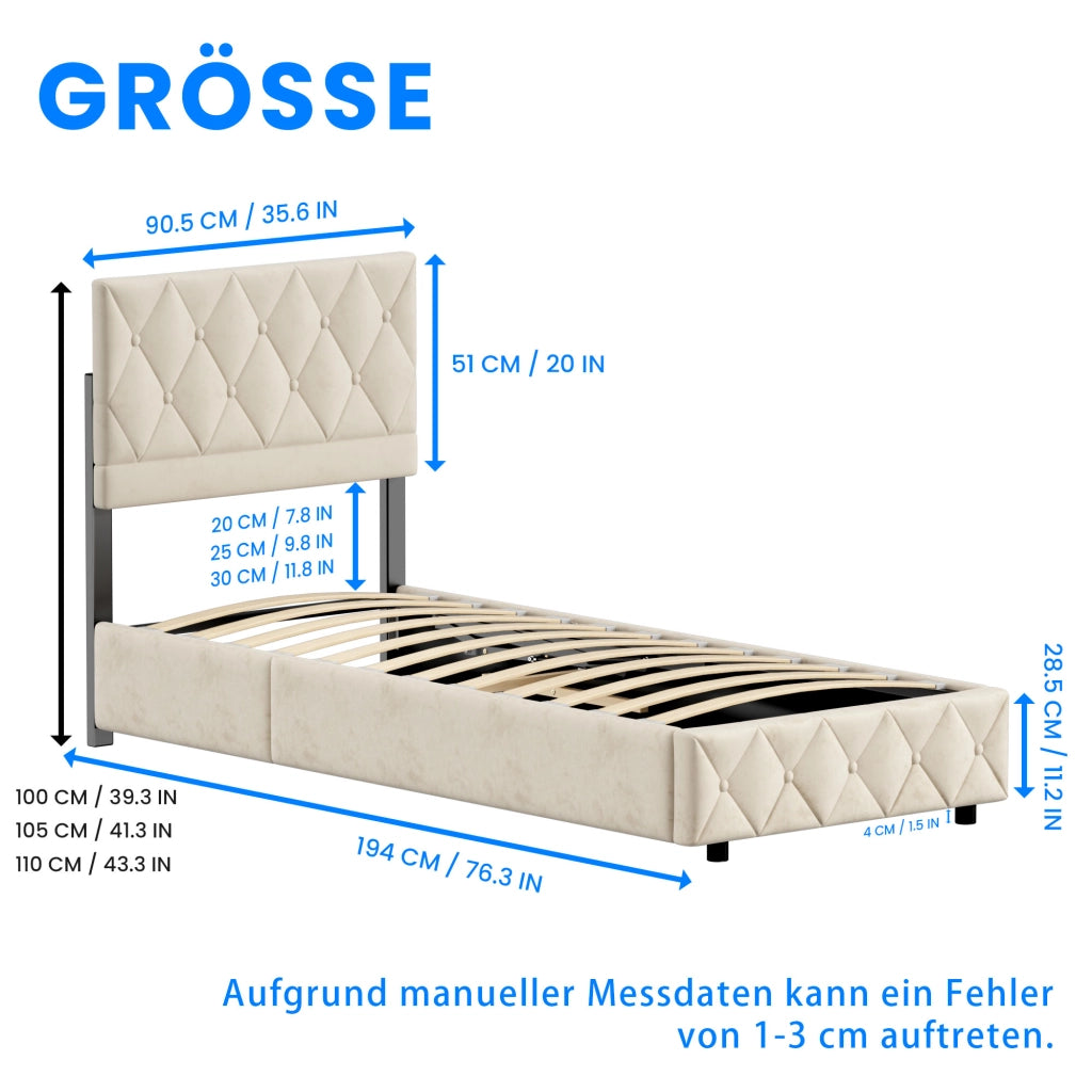 Letto imbottito singolo 90 × 190 cm con rete a doghe in velluto beige, struttura stabile e montaggio facile