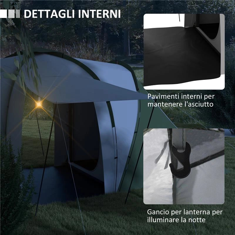 TENDA DA CAMPEGGIO 4-6 PERSONE CON 2 CAMERE IN POLIESTERE E FIBRA DI VETRO 555X225X190 CM GRIGIO E VERDE