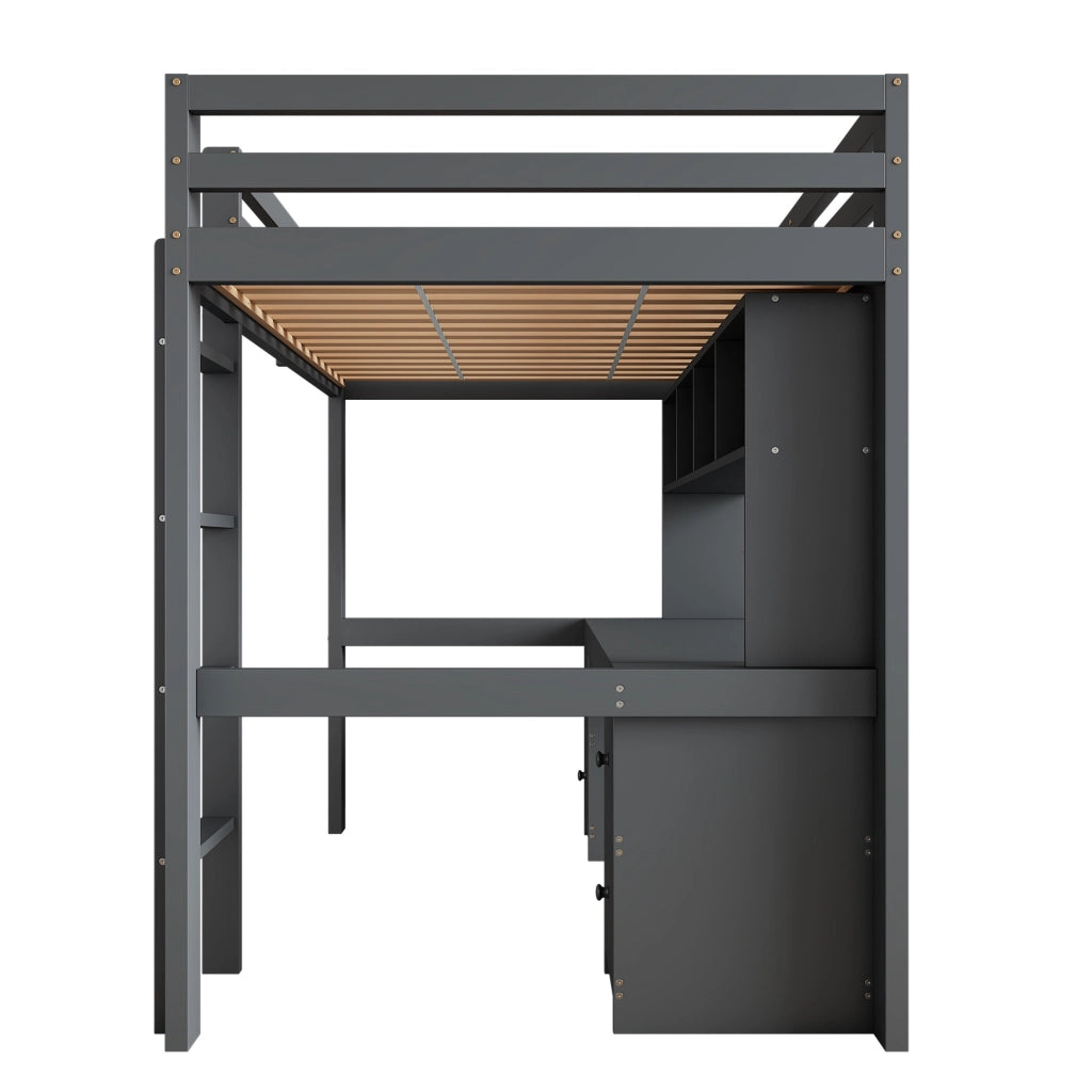 Letto a soppalco ULEVR 90x200 cm con scrivania, 4 cassetti e 4 vani, grigio
