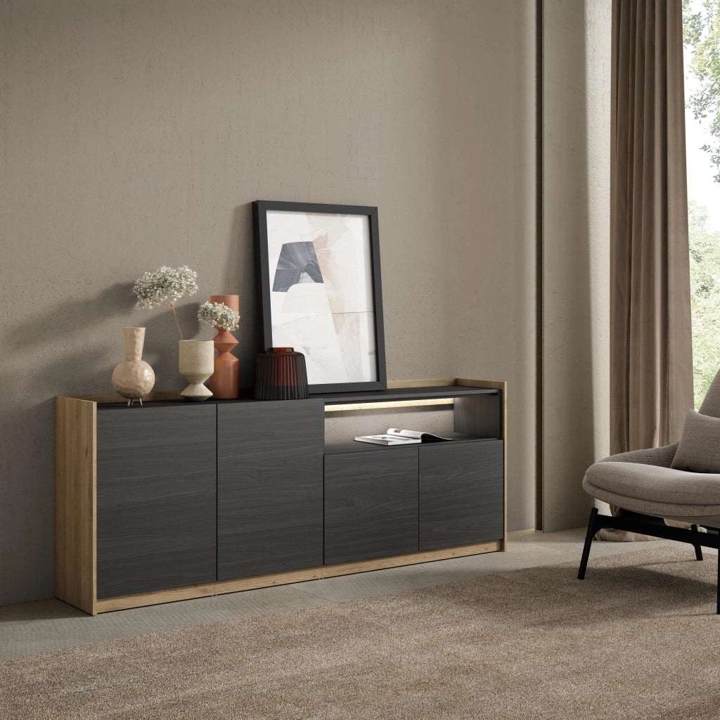 Credenza, Mobile, Cucina, 207x80x37 cm, 4 Porte, LED, Nero e rovere