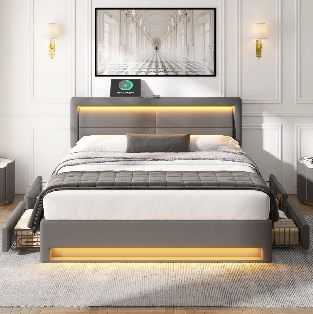 Letto imbottito 140x190 cm grigio con LED, USB e 4 cassetti