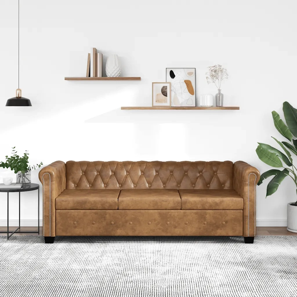 Divano Chesterfield a 3 Posti in Finta Pelle Marrone 243620