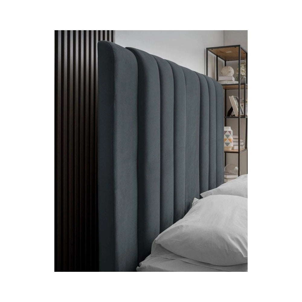 Letto matrimoniale Wilma imbottito con contenitore in tessuto Vogue colore blu pacific