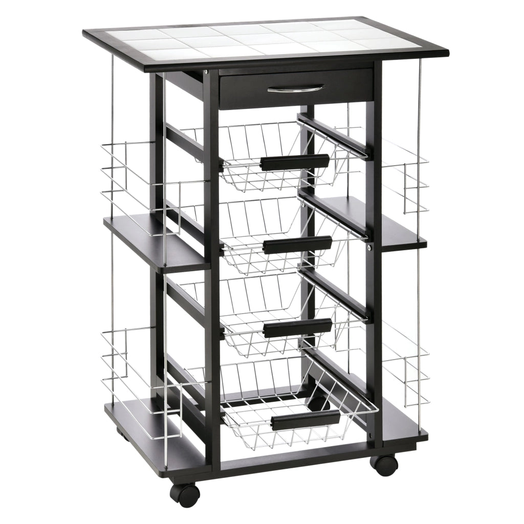 Carrello da Cucina con 4 Cestini e 4 Scomprati in Legno di Pino 57x37x83 cm  Nero
