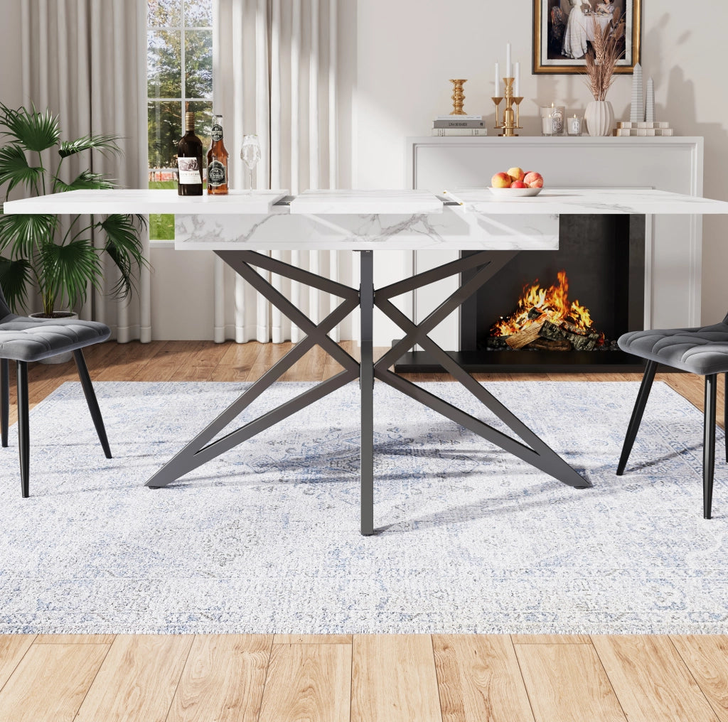 Tavolo da pranzo allungabile 120/160x80x76 cm; MDF e metallo; bianco; effetto marmo