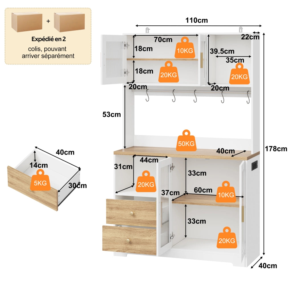 Mobile Dispensa da cucina con 4 ante e LED; prese USB; per cucina e sala da pranzo; in MDF; 110×40×178 cm; bianco naturale