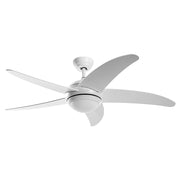 Ventilatore a Soffitto LED Grecale 18W Bianco con CCT 3000-4000-6500K, 5 Pale in Legno, Telecomando Radio e Funzione Inverno - Rossini