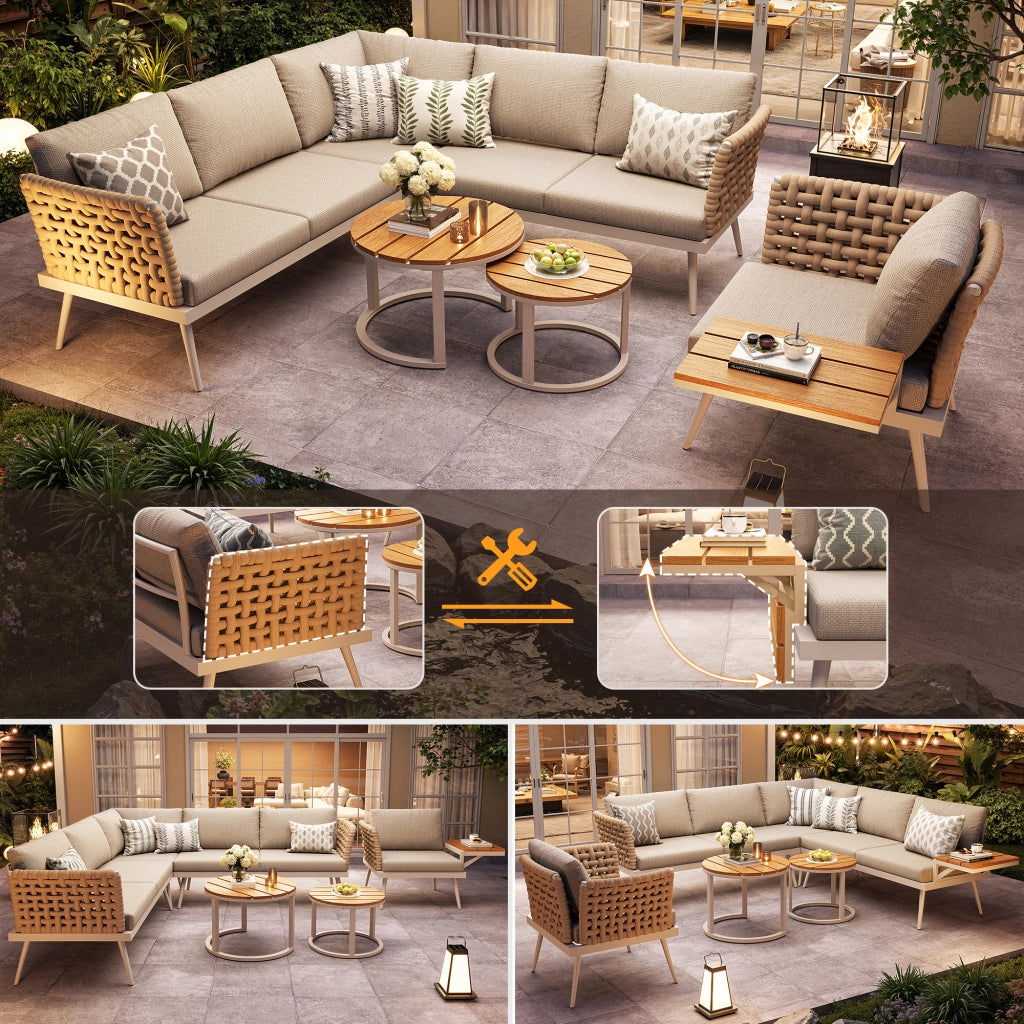 Salotto da Giardino con 2 Divani; Poltrona e 2 Tavolini; Cuscini Inclusi; Ferro; Beige
