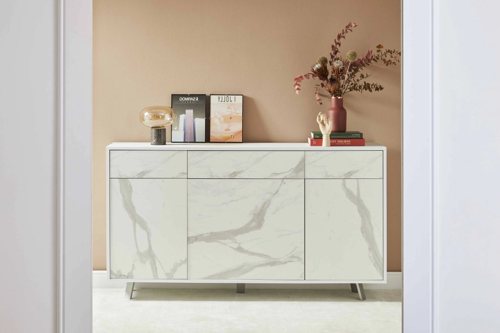 Credenza 3 ante/3 cassetti VELBRUK bianco pietra/marmo calacatta