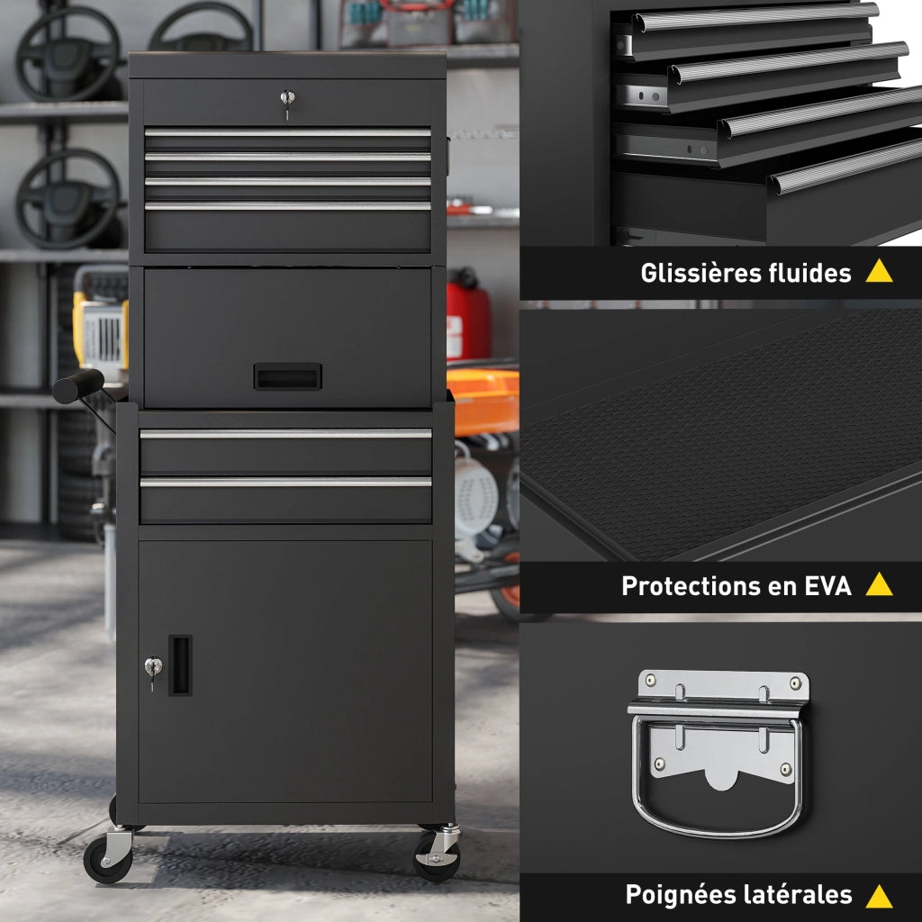 Carrello per attrezzi 3 in 1 con cassetti e pannello forato ¨C zephmum ¨C nero, acciaio