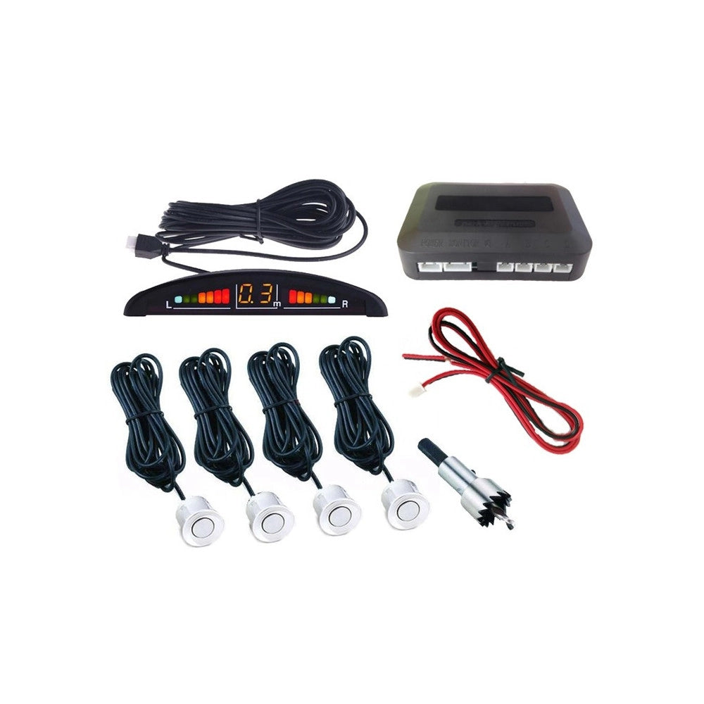 Trade Shop - Kit 4 Sensori Di Parcheggio Con Display Led+suono Grigio Con Cicalino Acustico -
