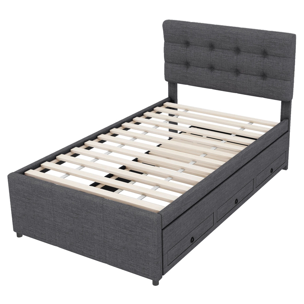 LETTO imbottito estraibile 90x200 cm grigio in lino con 3 cassetti