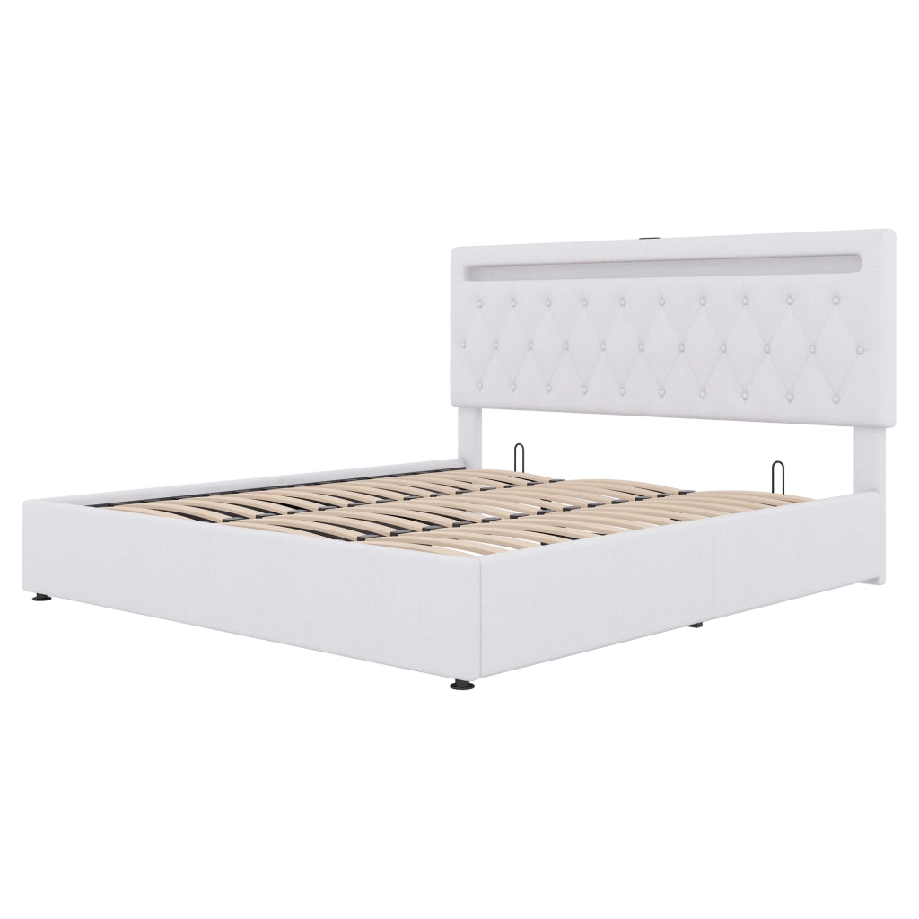 Letto Contenitore 180x200 cm; Letto Matrimoniale; USB; LED; in Lino e MDF; Bianco