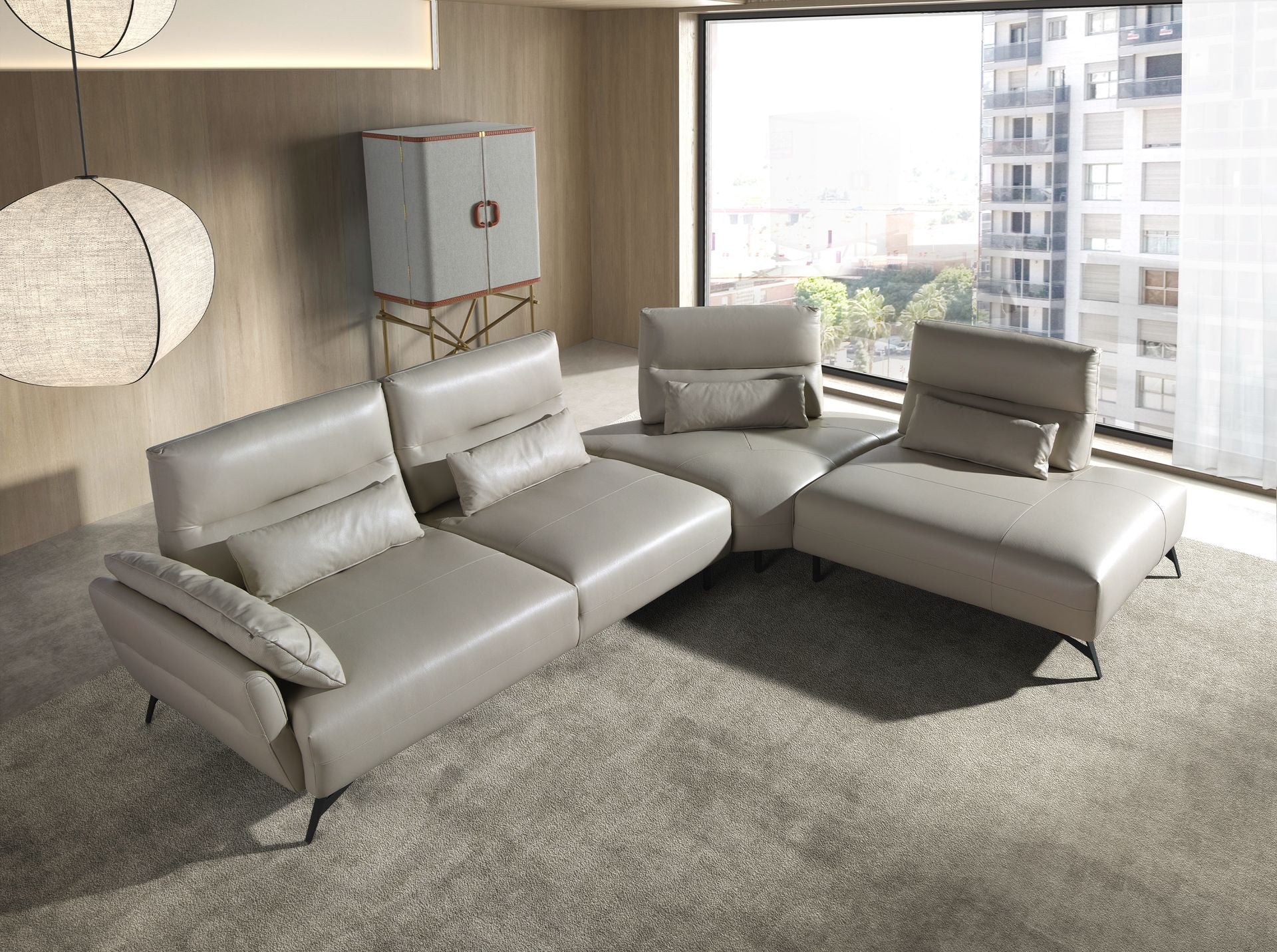 Divano chaise longue destro in pelle sabbia