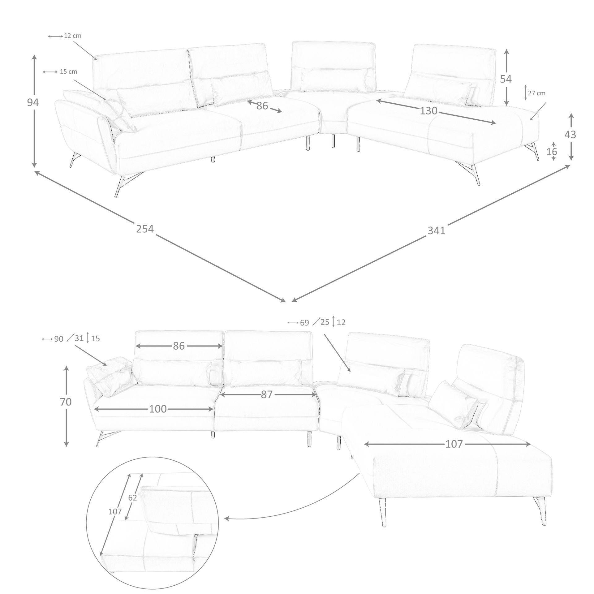 Divano chaise longue destro in pelle sabbia