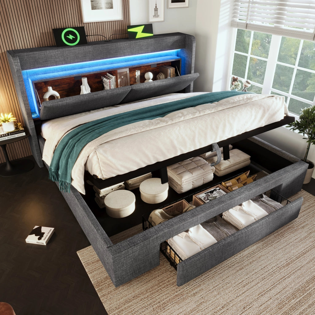 OKWISH Letto Contenitore 140×200 cm, Letto Matrimoniale con LED Regolabile, USB, Tipo C e Vano Testiera, senza Materasso, Lino, Grigio