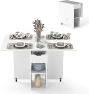 Tavolo da Cucina Pieghevole Mobile con 2 Ruote, 1 Cassetto e 2 Ripiani in Legno