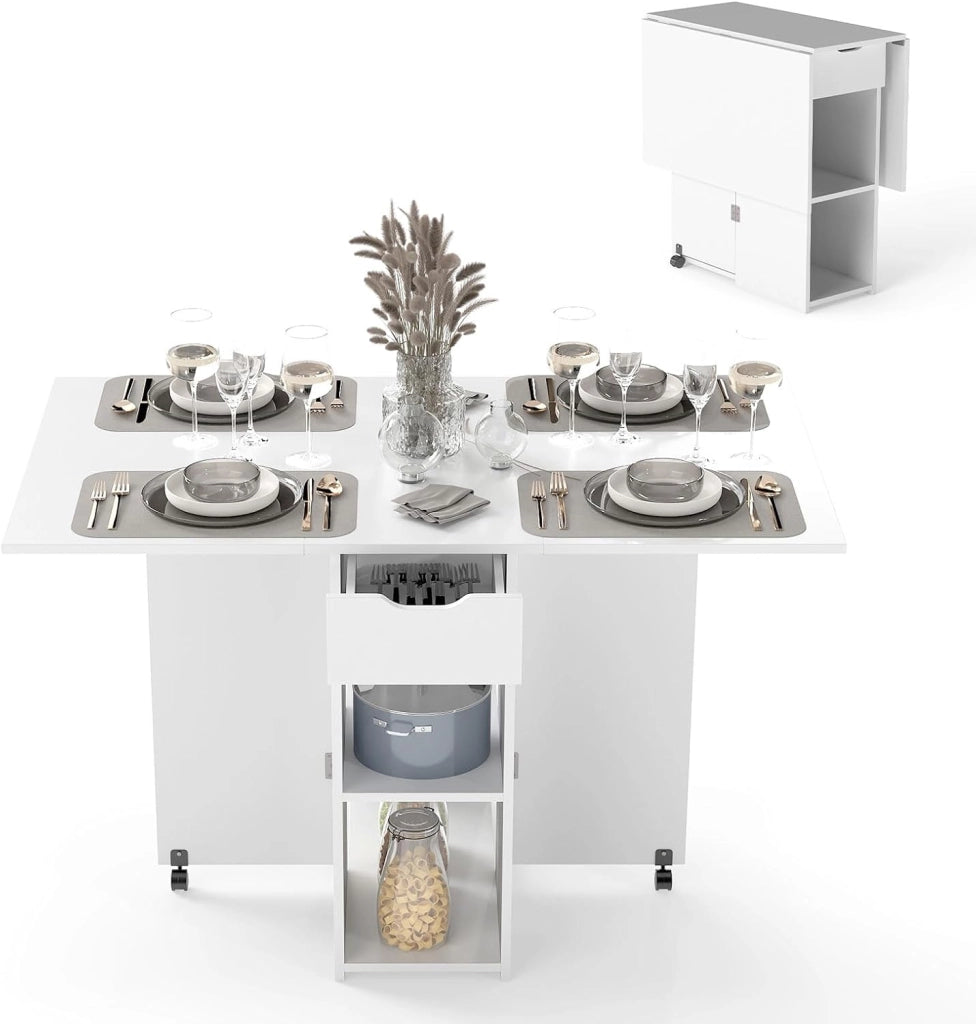 Tavolo da Cucina Pieghevole Mobile con 2 Ruote, 1 Cassetto e 2 Ripiani in Legno