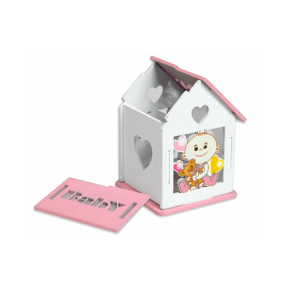 Trade Shop - Bomboniera In Legno Casetta Con Tetto Apribile Per Nascita Battesimo Bimba Rosa -
