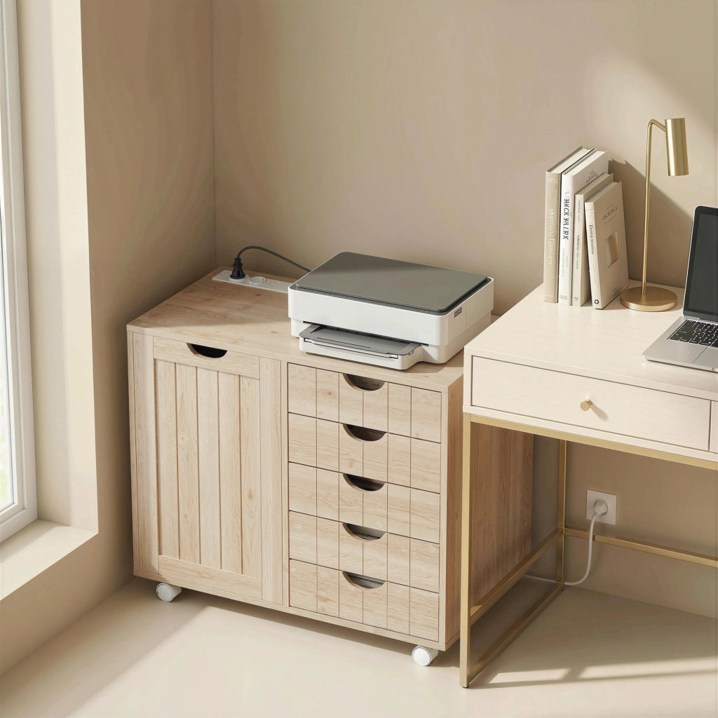 Scrivania con cassetti e ripiano per stampante ¨C zephmum ¨C Naturale 90x50x75 cm