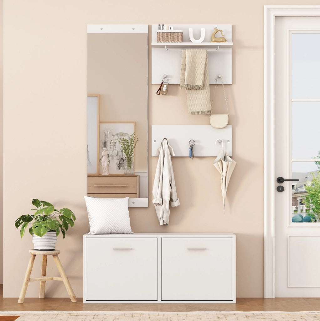 Set da ingresso 4 pezzi con mobile portascarpe 90x30x41,5 cm, specchio, pannelli da parete e 6 ganci, bianco