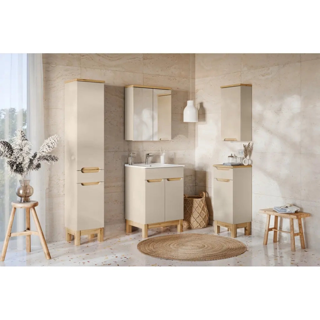 Set ERMANO cashmere 130cm: mobile sotto lavabo + lavabo incassato + mobili sospesi e da appoggio + specchi