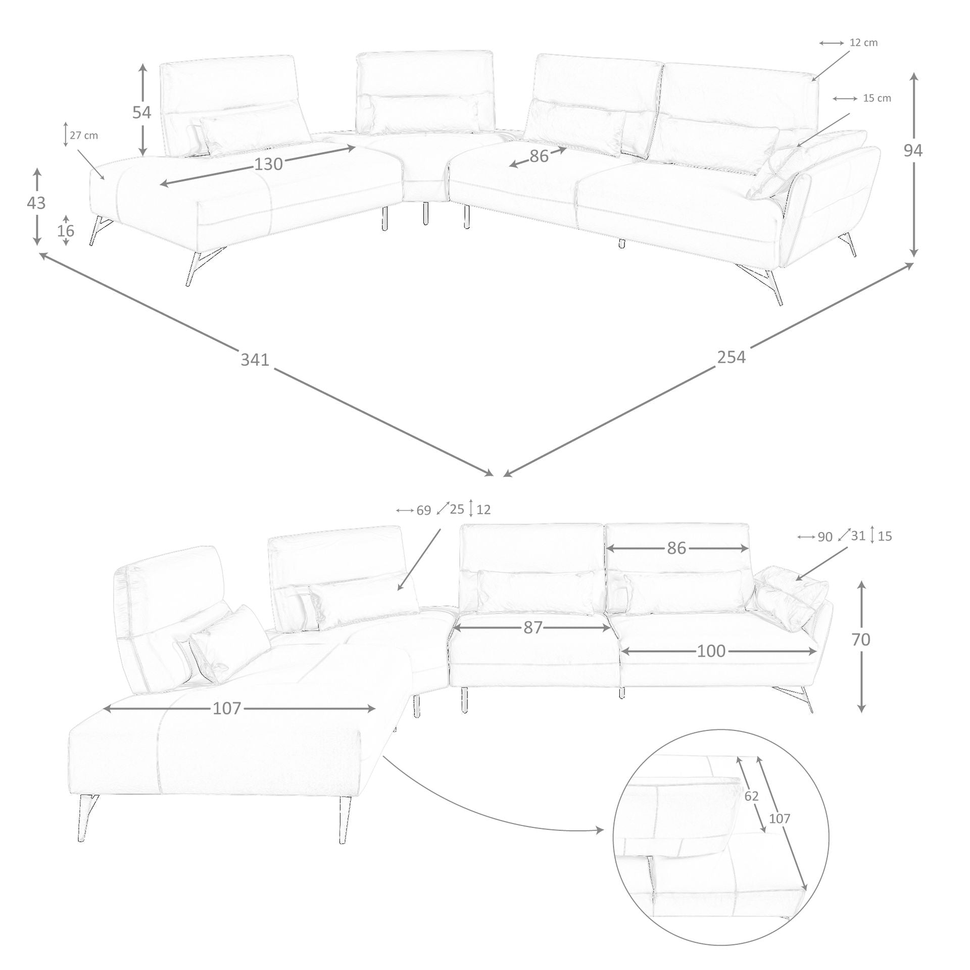Divano chaise longue sinistro in pelle sabbia
