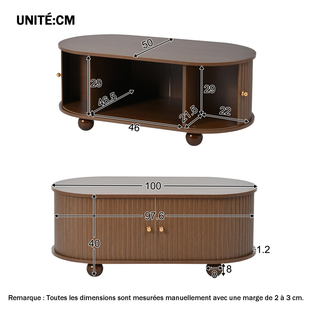 Tavolino da salotto ovale con anta scorrevole e vano contenitore; in MDF; Noce; 100 × 50 × 40 cm