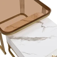 Set di Tavolini da Salotto Impilabili in Marmo Lucido e Vetro con Dettagli Dorati e Cassetti, 60x60x42,5 cm + 50x50x34 cm, Bianco