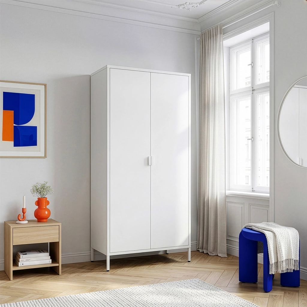 Armadio Guradaroba Esteli in Acciaio a 2 Ante con 2 Barre Appendiabiti e 4 Ripiani 170 x 80 x 45 cm - Bianco [en.casa]