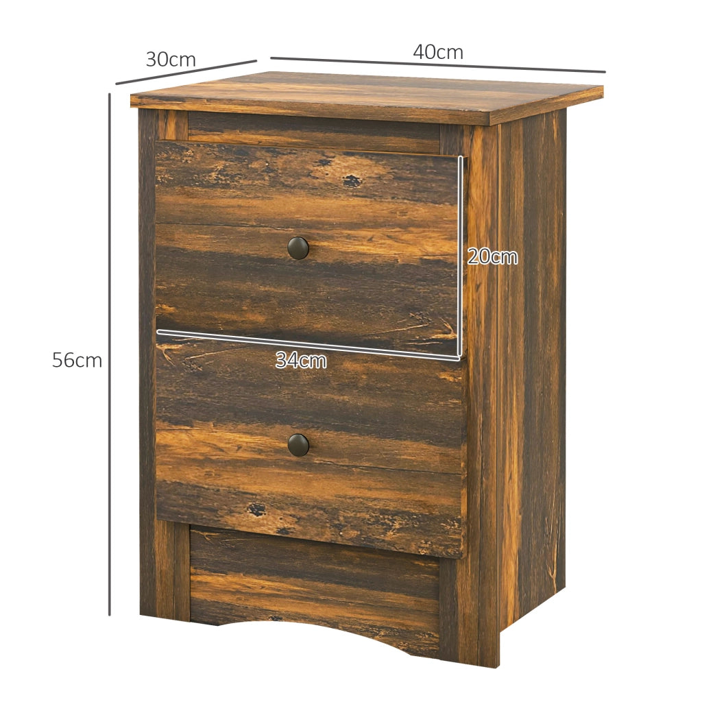 Comodino con 2 Cassetti in stile Rustico, Comodino per Camera da Letto in Legno, 40x30x56 cm, Marrone