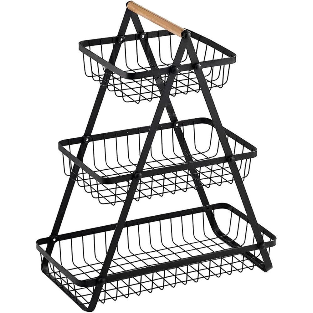 Trade Shop - Cestino Porta Frutta Rettangolare A 3 Ripiani Con Manico Legno Decorazione Cucina Casa -