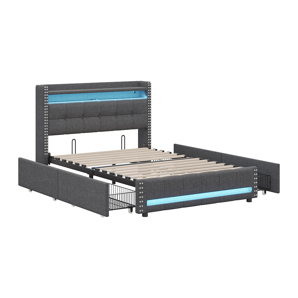 Letto imbottito 140x200 cm - Xylo - LED, USB, 4 cassetti grigio