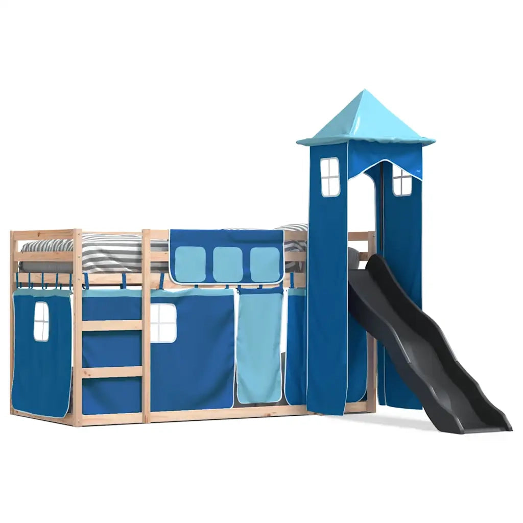 Letto singolo | Letto per adulti | Letto a Castello con Scivolo e Tende Blu 80x200 cm