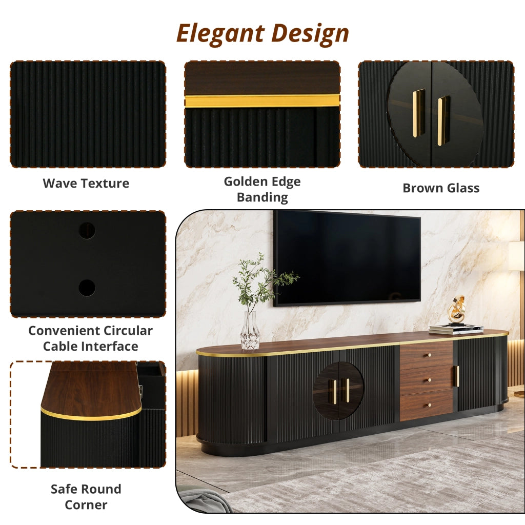 Mobile TV, ante in vetro marrone, in MDF, maniglie in metallo, finitura effetto legno, nero e marrone