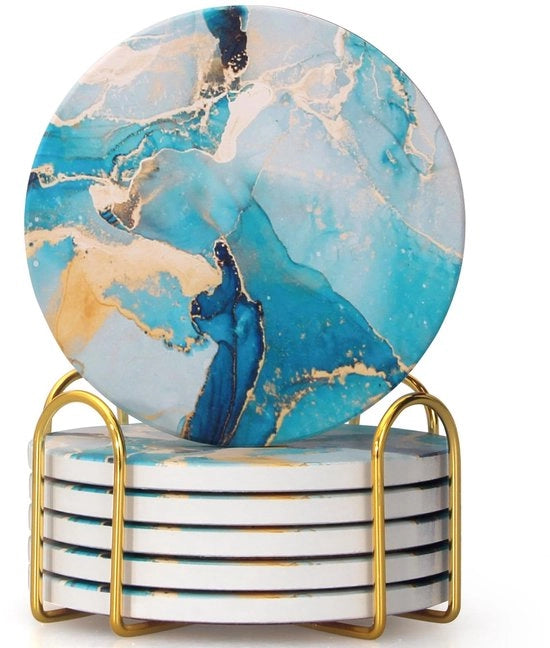 Set di 6 sottopiani ceramici astratti con supporto, sottopiani rotondi assorbenti per ufficio, salotto, caffè, vino, bevande, bar